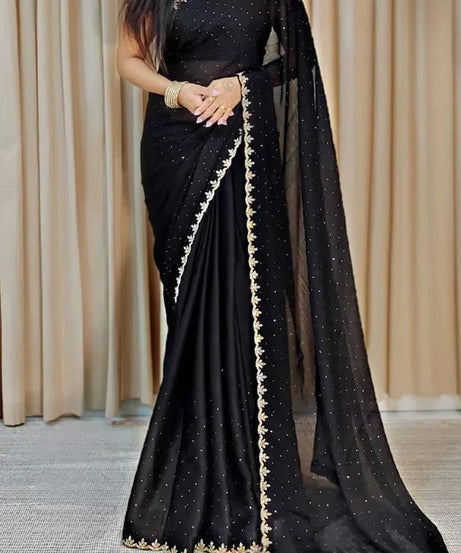 Traditional Wedding Pure Soft Satin Chiffon Saree,Stylish Sari And Blouse