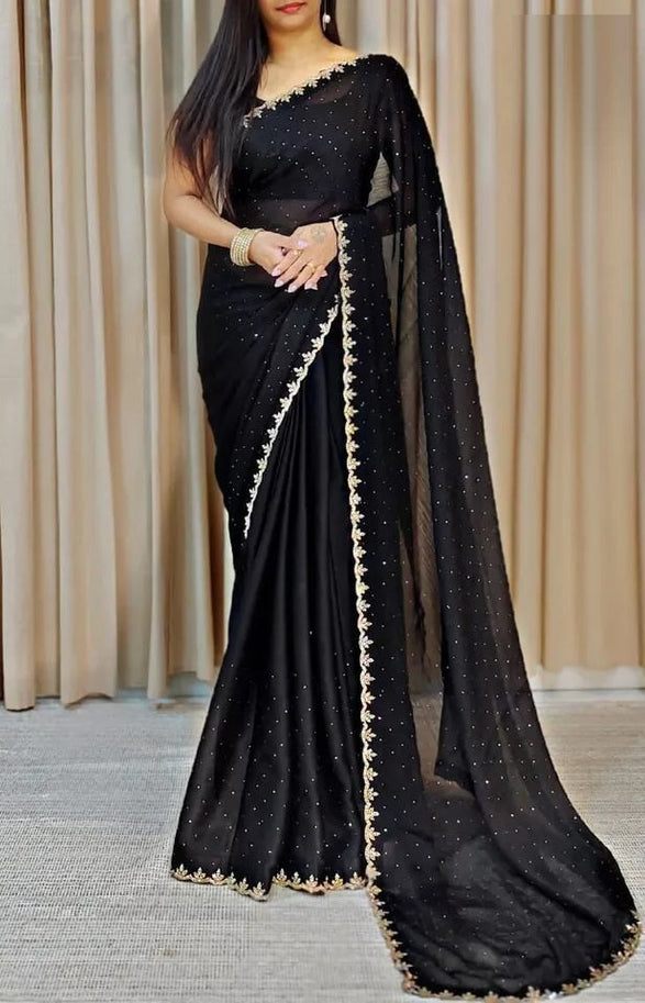 Traditional Wedding Pure Soft Satin Chiffon Saree,Stylish Sari And Blouse