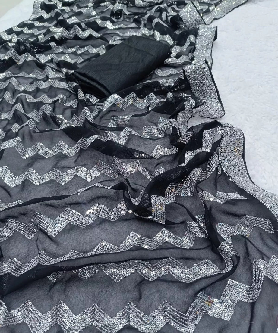 Georgette With Embroidery Sequence Work  Sari & Blouse