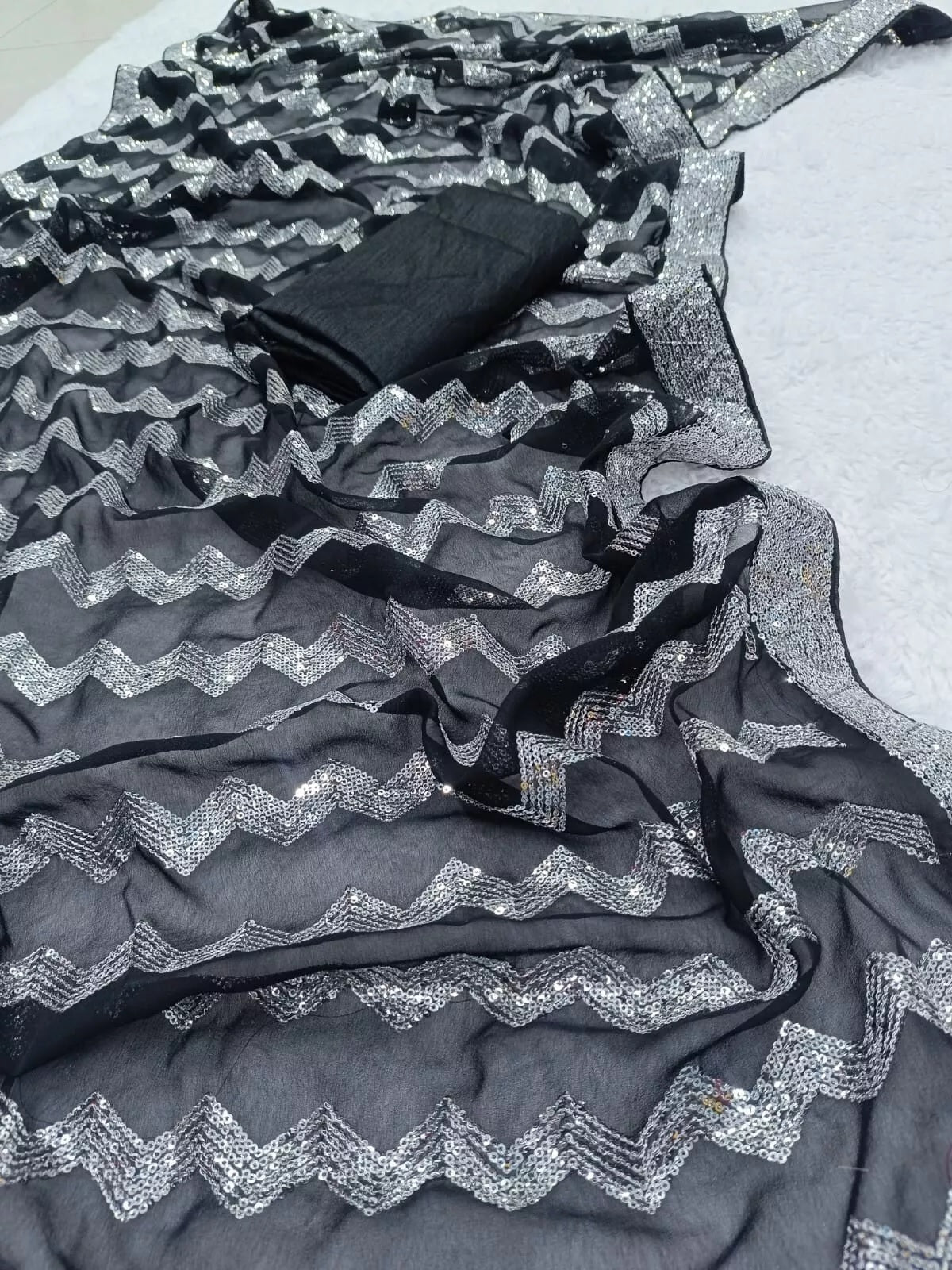 Georgette With Embroidery Sequence Work  Sari & Blouse