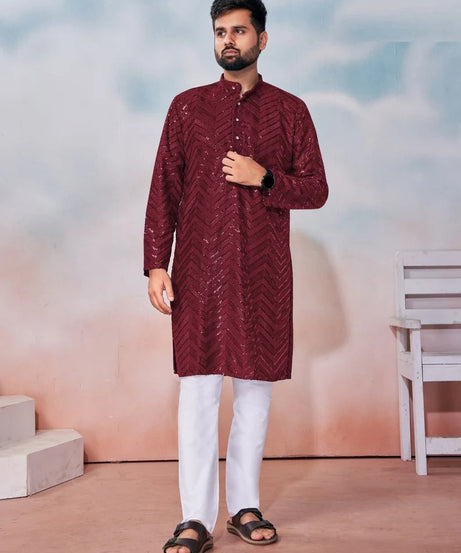 Heavy Rayon Chikan Work Kurta Pajama Set For Men's