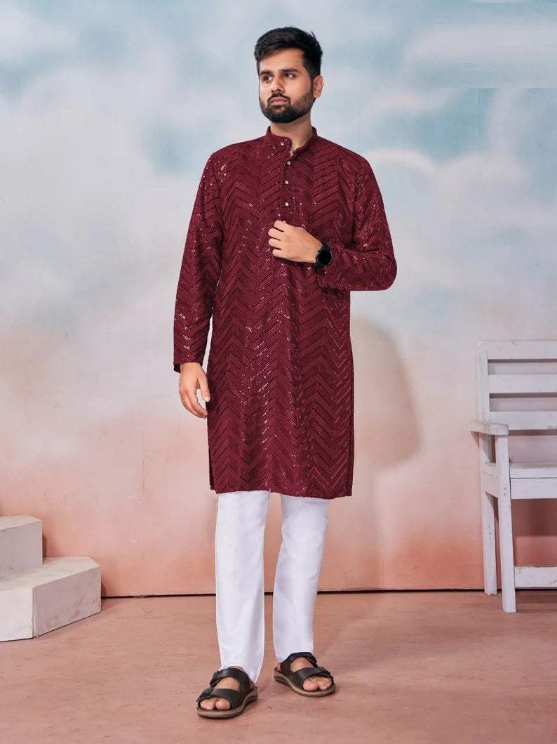 Heavy Rayon Chikan Work Kurta Pajama Set For Men's