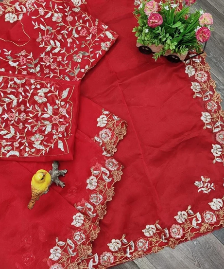 Organza Silk,Sequince & Zari Thread Designer Party Wear Saree & Blouse 11-RV