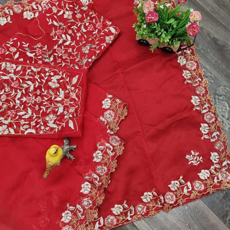 Organza Silk,Sequince & Zari Thread Designer Party Wear Saree & Blouse 11-RV