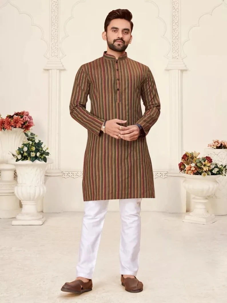 Pure Linen Cotton Kurta Pajama Combo Set For Men's