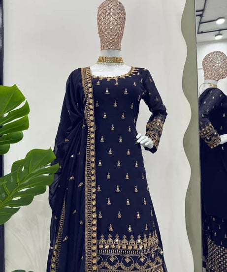 Faux Georgette With Thread & 9MM Sequence Work Top Palazzo & Duppata