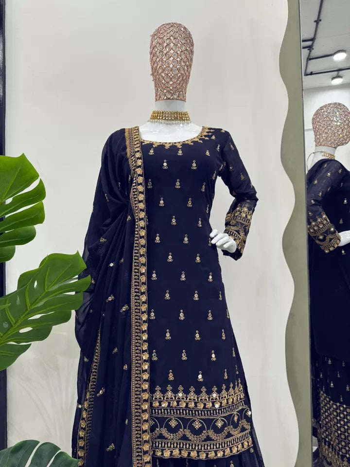 Faux Georgette With Thread & 9MM Sequence Work Top Palazzo & Duppata