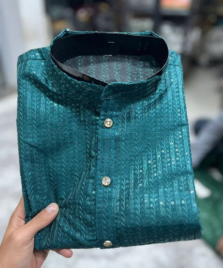 Heavy Banglori Silk With Embroidery Sequence Work Kurta Pajama Set