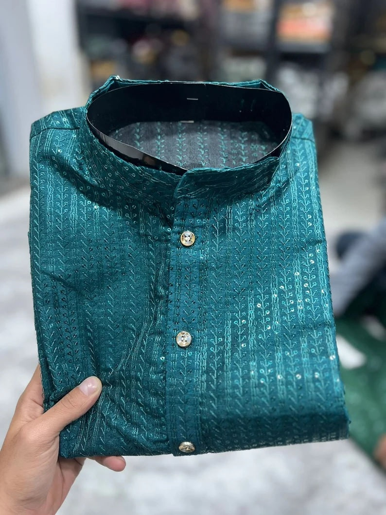 Heavy Banglori Silk With Embroidery Sequence Work Kurta Pajama Set