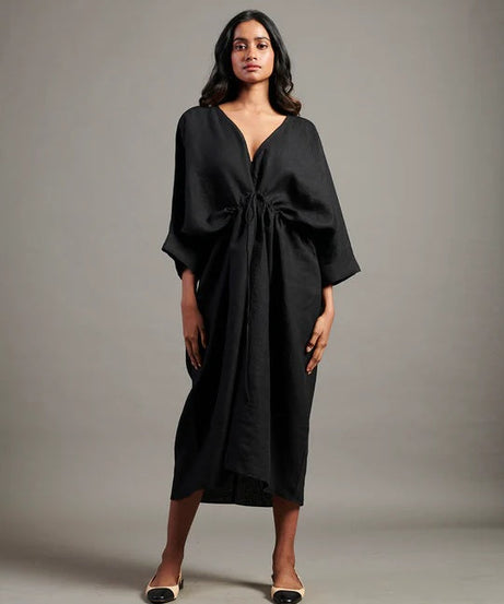 Linen Gathered Kaftan Dress