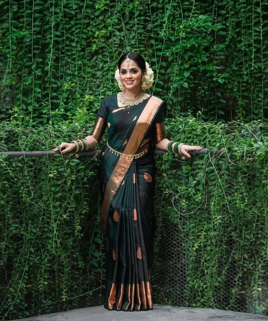 Dark Green Soft Lichi Silk Indian Beautiful Saree Blouse