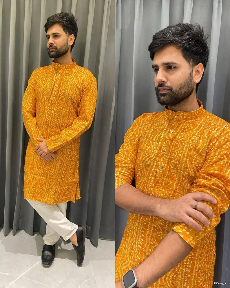 Men's Cotton Bandhani Print Kurta Pajama Set