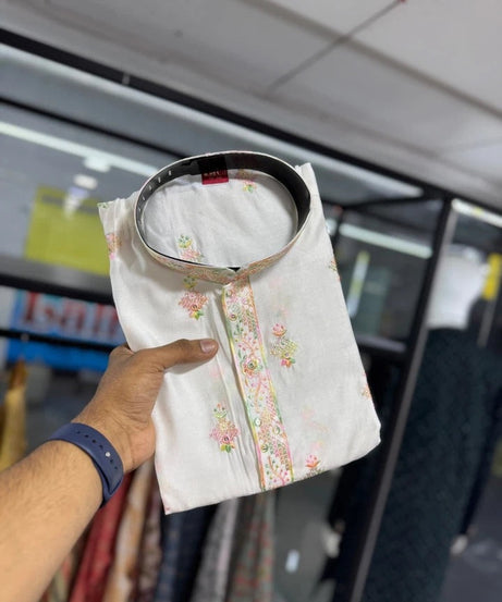 Traditional Silk Embroidery Kurta With Cotton Pajama Set For Men's, Wedding Wear Kurta Set