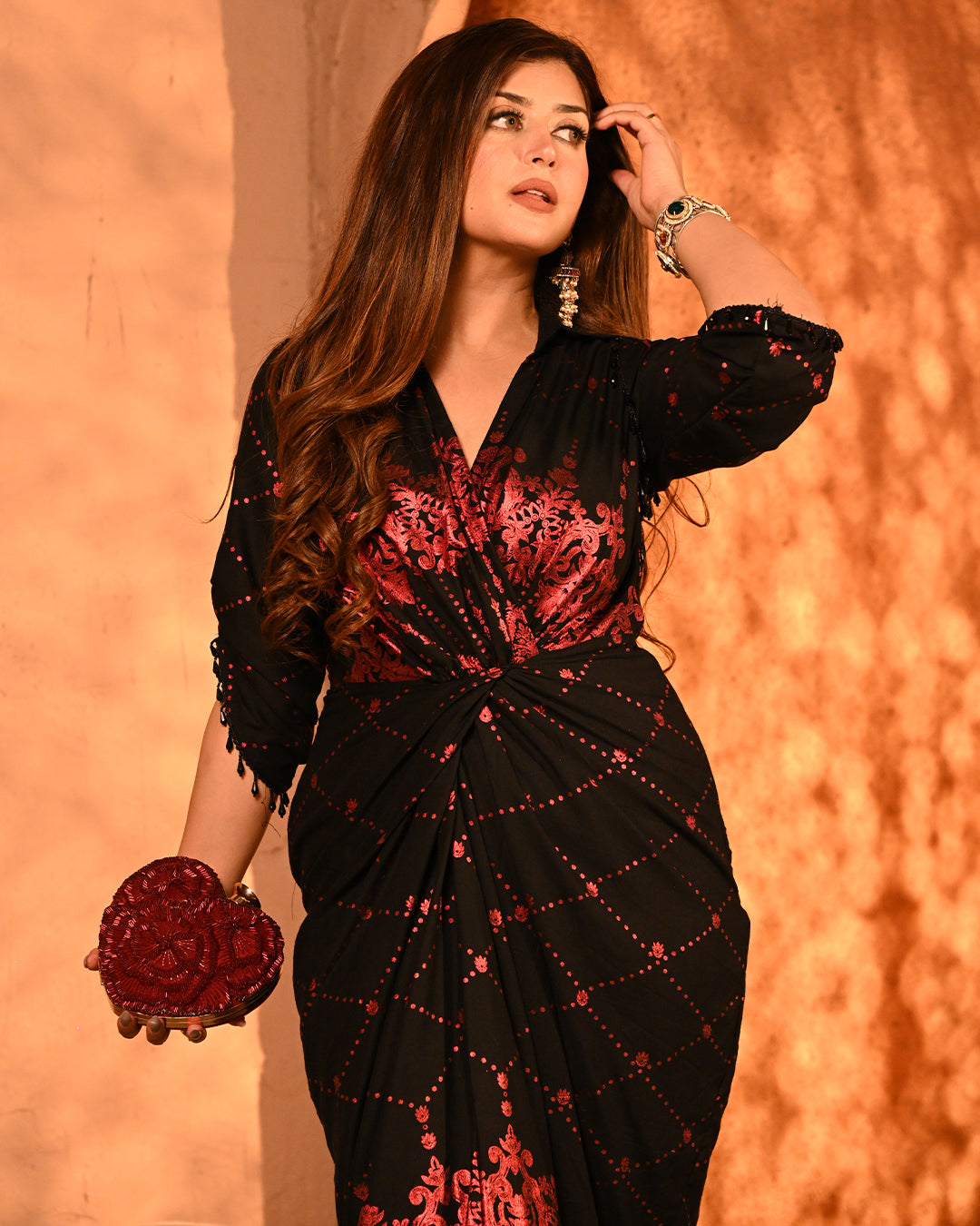 Black Red Printed Kaftan Dress for Women Luxury Resort Wear