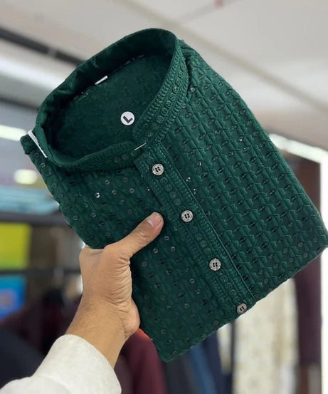 Men's  Cotton Rayon With Sequin Work Kurta Pajama Set