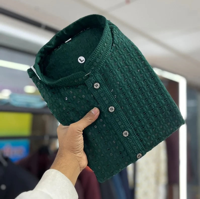 Men's  Cotton Rayon With Sequin Work Kurta Pajama Set