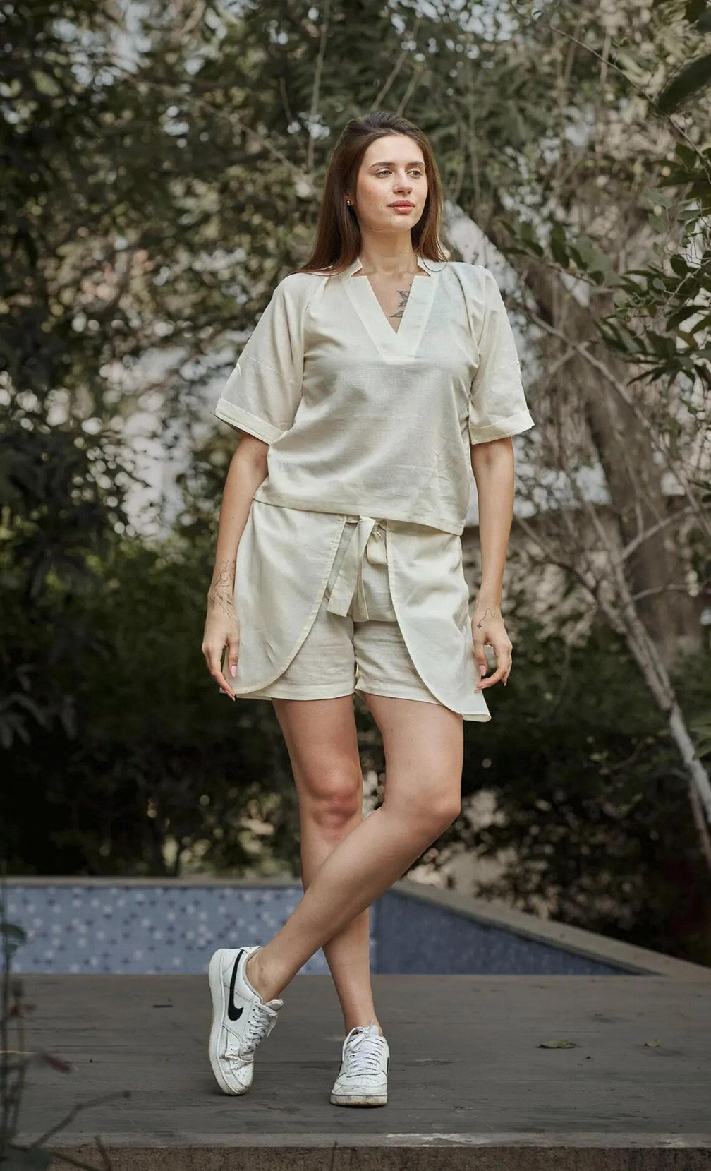 Linen V- Neck Top and Short Set For Women