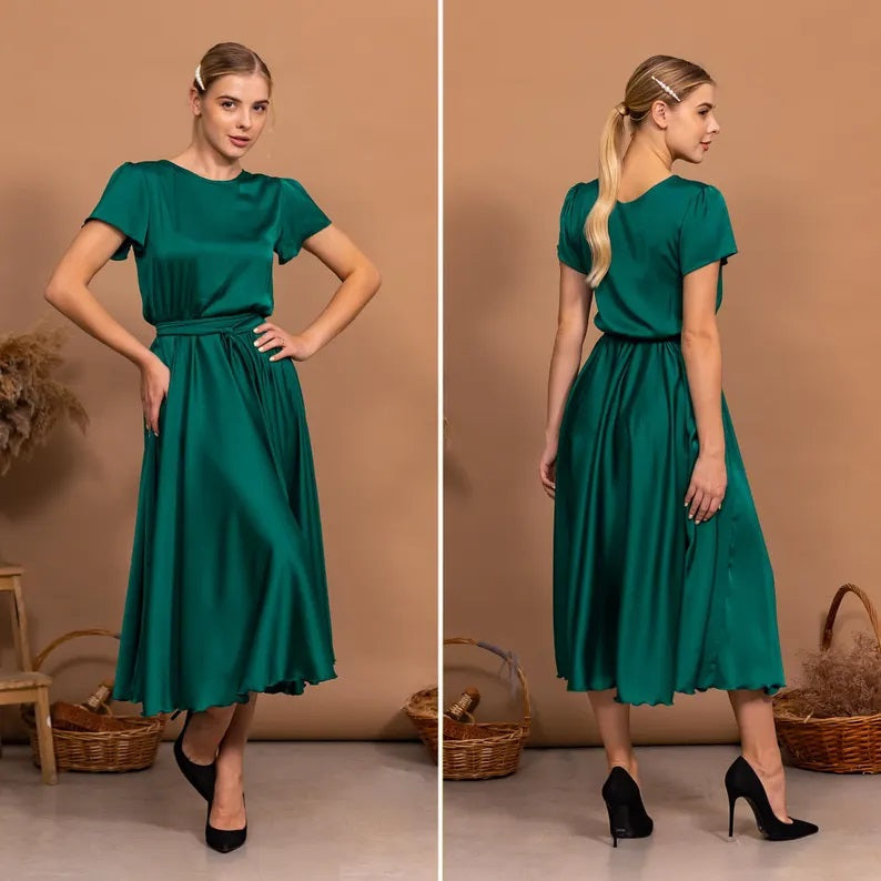 Elegant Emerald Green Satin Convertible Wrap Gown for Women – Multi-Style Formal Dress