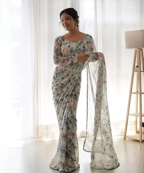 Premium Georgette With Fancy Lace Border Work Read To Wear Sari With Blouse