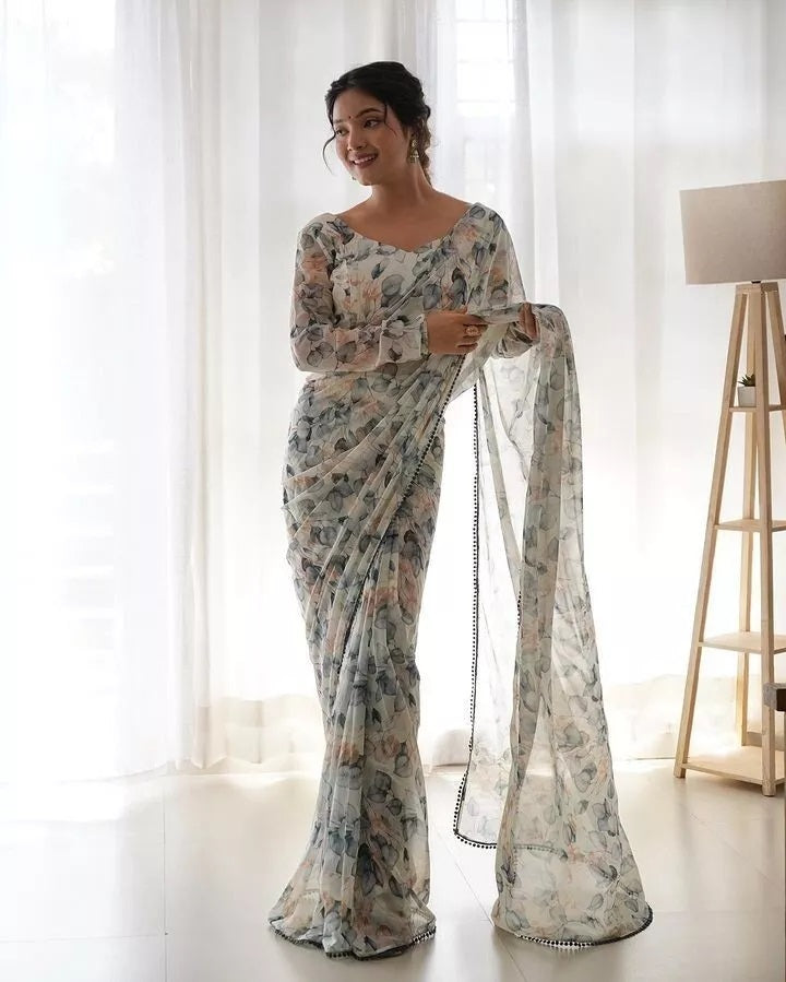 Premium Georgette With Fancy Lace Border Work Read To Wear Sari With Blouse