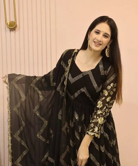 Fox Georgette With Embroidery Work With Full Sleeve Gown Bottom Dupatta Set