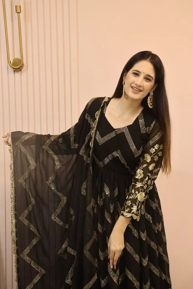 Fox Georgette With Embroidery Work With Full Sleeve Gown Bottom Dupatta Set