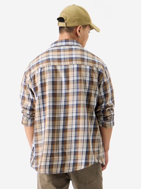Plaid Brown Bisque Men Utility Shirts