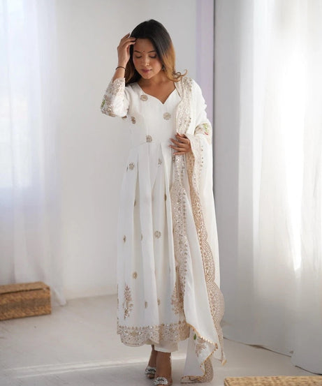 Chinon With Embroidery Sequence Work Anarkali Gown With Dupatta