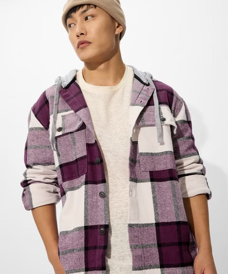 Plaid Hooded Shacket Mauve Mist Men Shackets