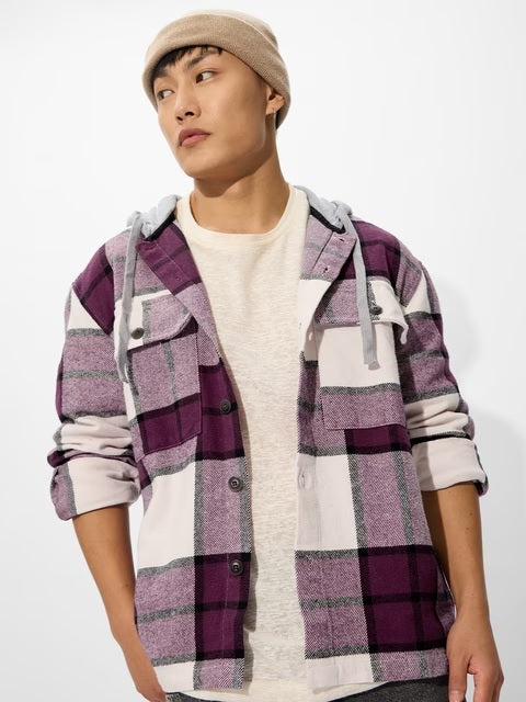 Plaid Hooded Shacket Mauve Mist Men Shackets