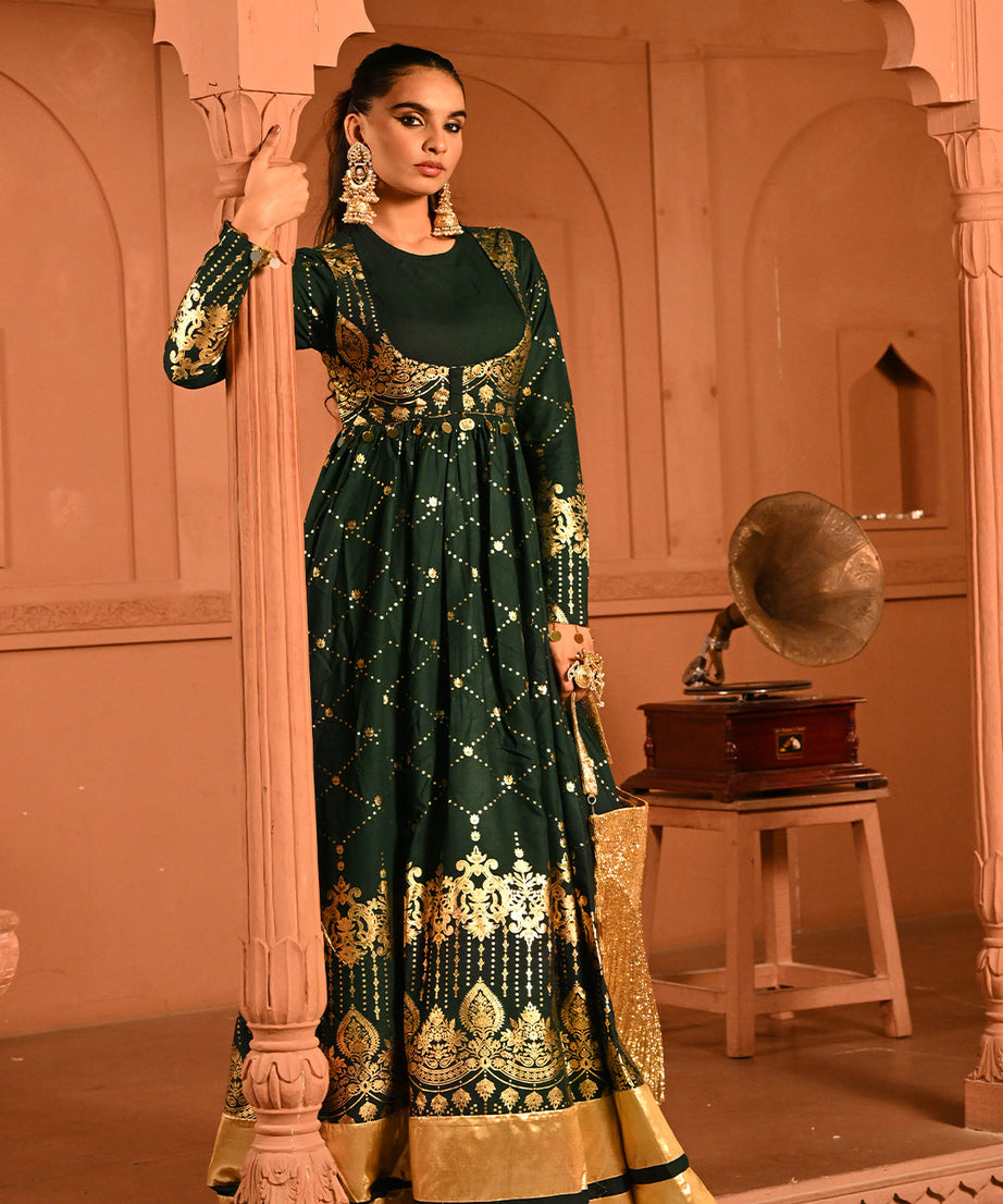 Luxury Emerald Green Gold Embroidered Anarkali Dress For Women(3XL)