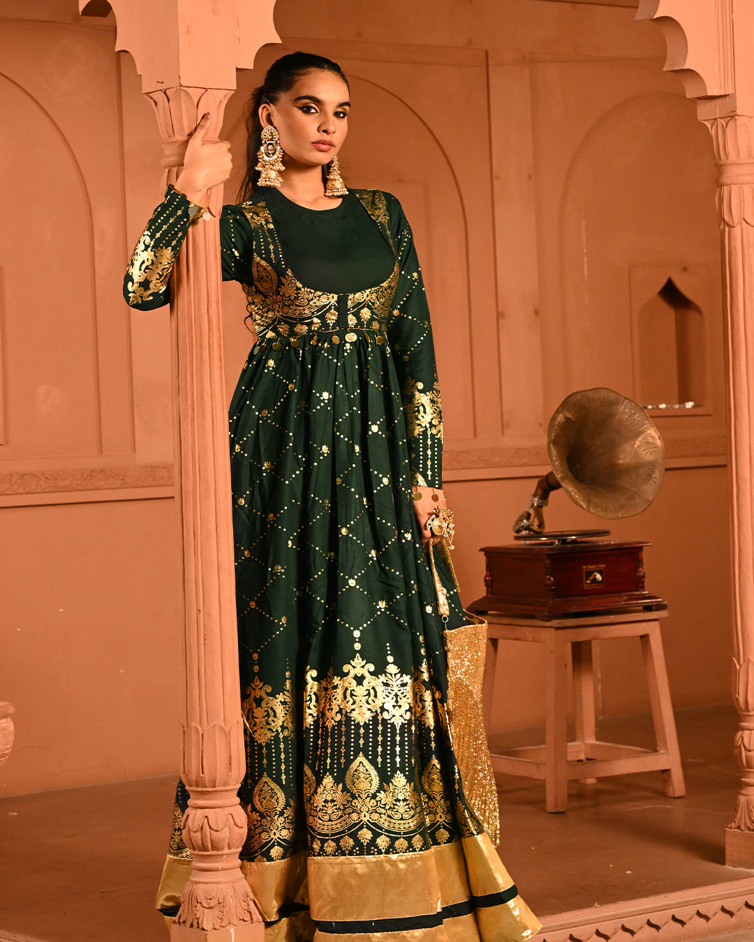 Luxury Emerald Green Gold Embroidered Anarkali Dress For Women(3XL)