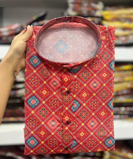 Traditional Wedding Wear Kurta, Party Wear Cotton Print Kurta For Men's
