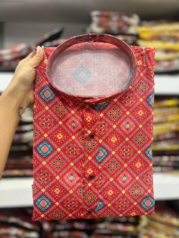 Traditional Wedding Wear Kurta, Party Wear Cotton Print Kurta For Men's