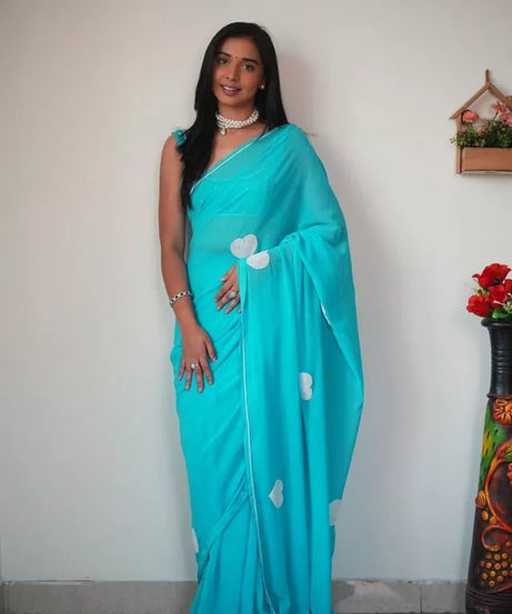 Georgette Embroidery Work Ready To Wear Sari With Blouse