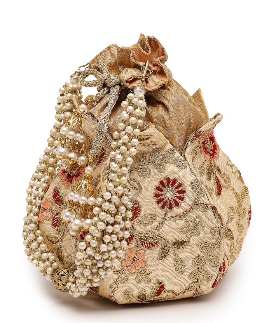 Lotus Floral Embellished Faux Silk Potli Bag