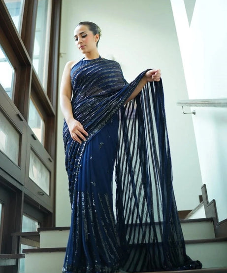 Party Wear Georgette With Embroidery Sequence Work Saree With Blouse