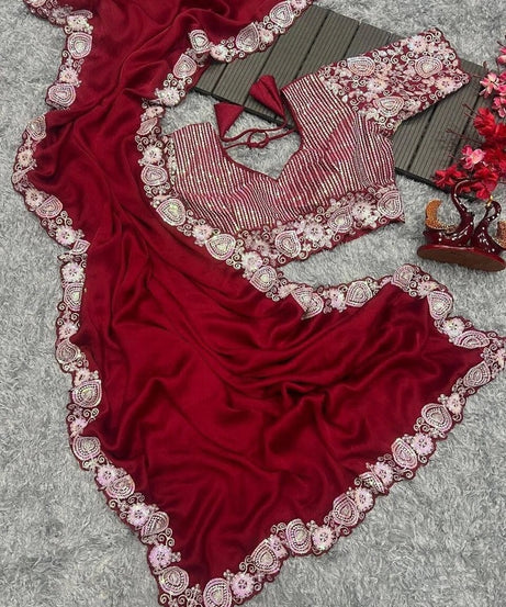 Soft Rangoli Silk With Embroidery,Sequence Work Wedding Party Wear Saree With Blouse11-KK