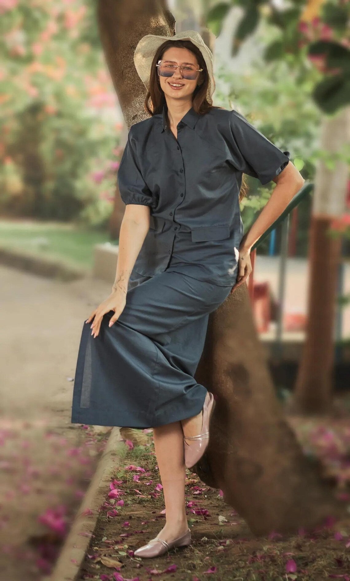 Linen Reglan Sleeve Shirt With Aline Skirt for women