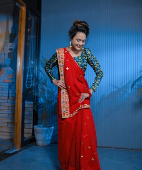 Designer Fancy Faux Georgette Embroidery With Real Mirror Work Saree & Blouse 11-RV