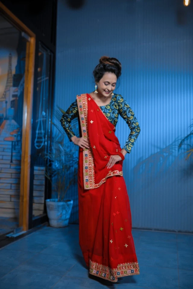 Designer Fancy Faux Georgette Embroidery With Real Mirror Work Saree & Blouse 11-RV