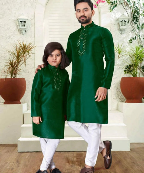 Silk Kurta Pajama Set For Men's & Kid's Combo Set