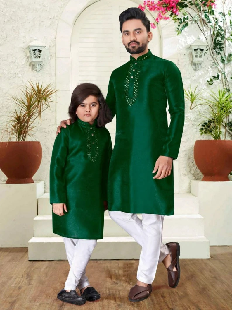 Silk Kurta Pajama Set For Men's & Kid's Combo Set