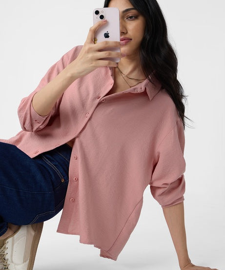 Textured Rose Pink Women Boyfriend Shirts