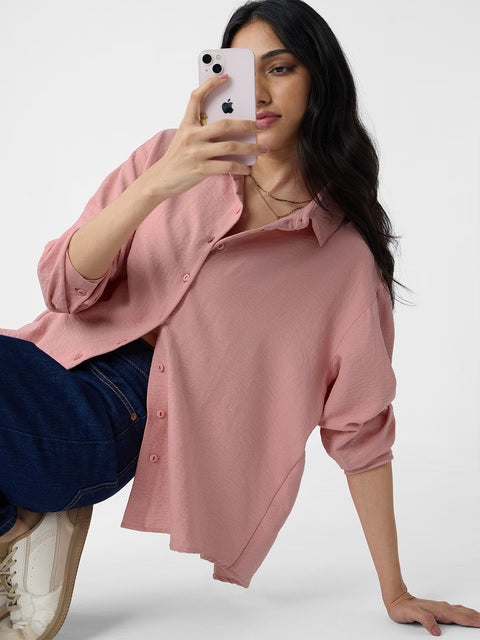 Textured Rose Pink Women Boyfriend Shirts