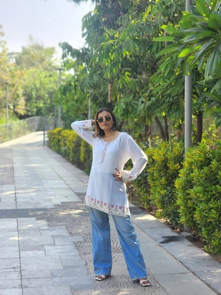 Short Stylish Heavy Rayon With Embroidery Work Printed Kurti