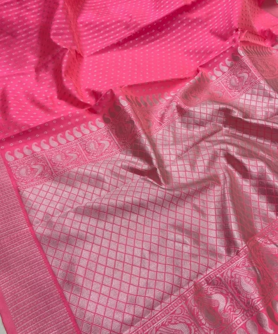 Wedding Pink Soft Lichi Silk & Jacquard Work Saree With Blouse