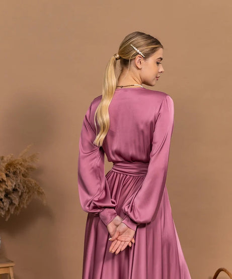 Elegant V-Neck Satin Maxi Dress - Flared A-Line Formal Gown