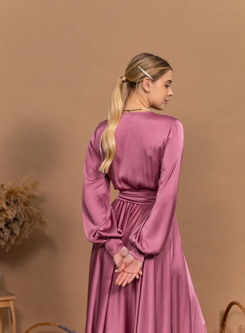 Elegant V-Neck Satin Maxi Dress - Flared A-Line Formal Gown