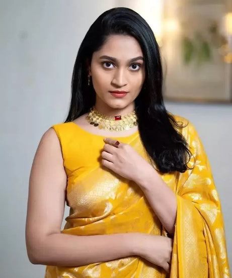 Yellow Traditional Banarasi Soft Silk Saree With Blouse